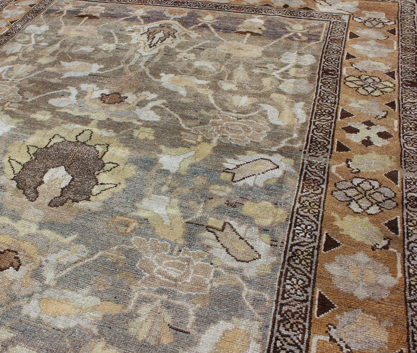 Gray and Marigold Antique distressed Persian Bakhtiari Rug with Expansive Floral Design kwarugs Antique Persian Bakhtiari rug, distressed antique from Persia with flowing flowers, rug ema - 7554, country of origin / type: Iran / Bakhtiari, circa 1... - Keivan Woven ArtsEMA - 7554 - 9806Rug