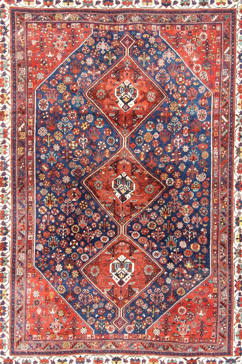 Antique Persian Shiraz Rug with Tri - Medallion Geometrics in Royal Blue and Red kwarugs Persian Shiraz antique rug in red and blue with Medallion geometric design, rug ema - 7567, country of origin / type: Iran / Shiraz, circa 1930. This vin... - Keivan Woven ArtsEMA - 7567 - 9834Rug