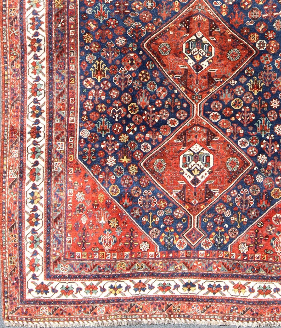 Antique Persian Shiraz Rug with Tri - Medallion Geometrics in Royal Blue and Red kwarugs Persian Shiraz antique rug in red and blue with Medallion geometric design, rug ema - 7567, country of origin / type: Iran / Shiraz, circa 1930. This vin... - Keivan Woven ArtsEMA - 7567 - 9834Rug