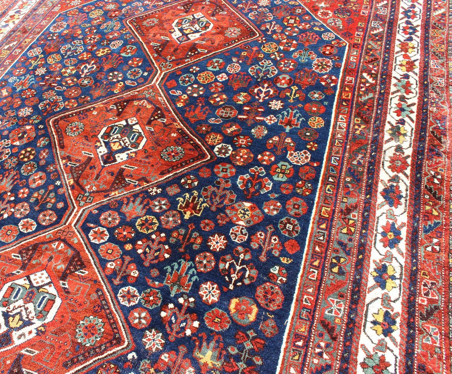 Antique Persian Shiraz Rug with Tri - Medallion Geometrics in Royal Blue and Red kwarugs Persian Shiraz antique rug in red and blue with Medallion geometric design, rug ema - 7567, country of origin / type: Iran / Shiraz, circa 1930. This vin... - Keivan Woven ArtsEMA - 7567 - 9834Rug