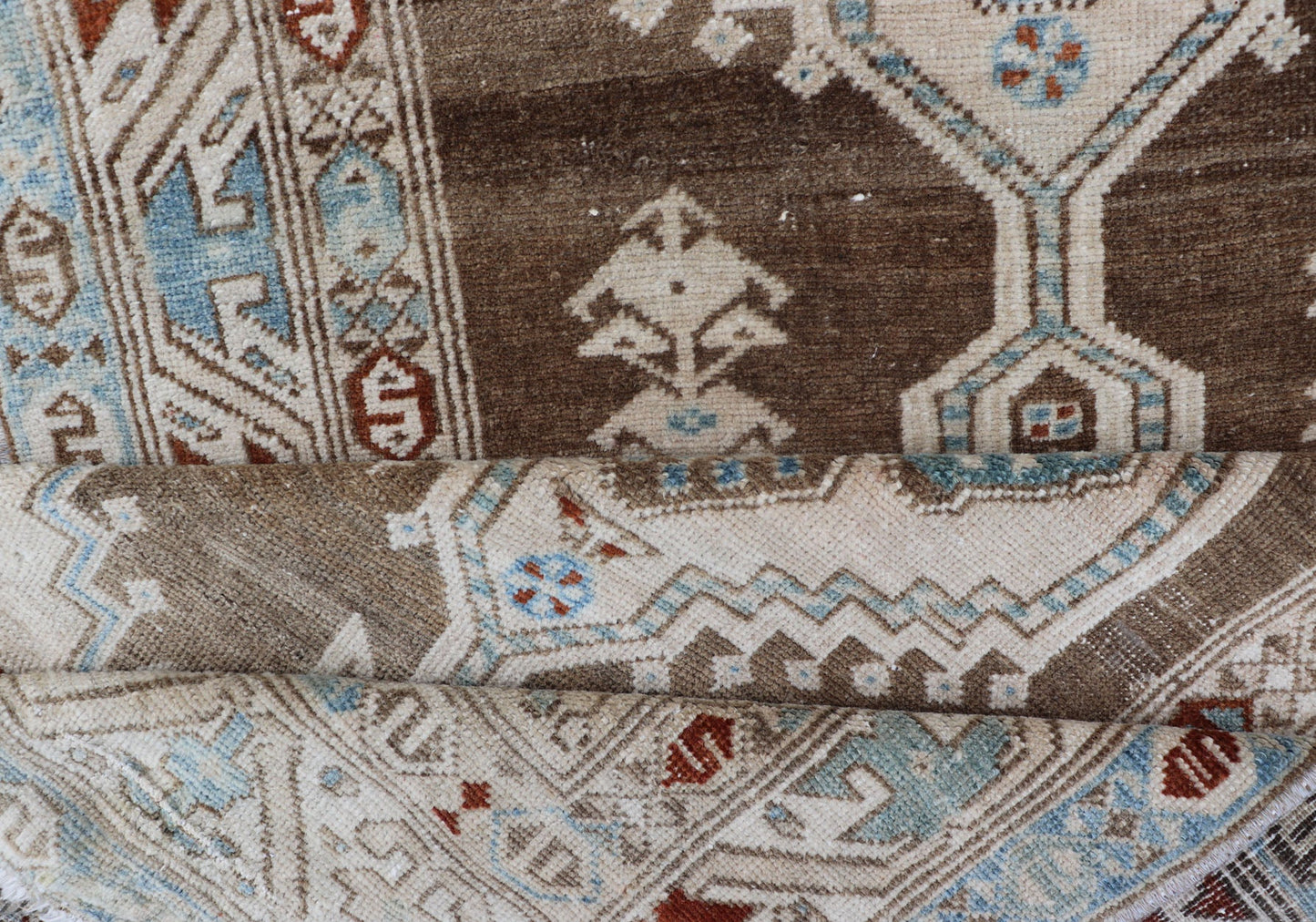 Long Persian Heriz Runner with Central Medallions in Brown, Blue, Tan & Red. Antique Heriz Persian long runner with multi - medallion and geometric design from Persia, rug EMA - 7568 , country of origin / type: Iran / Heriz, circa 1920 This m... - Keivan Woven ArtsEMA - 7568 - 9838Rug