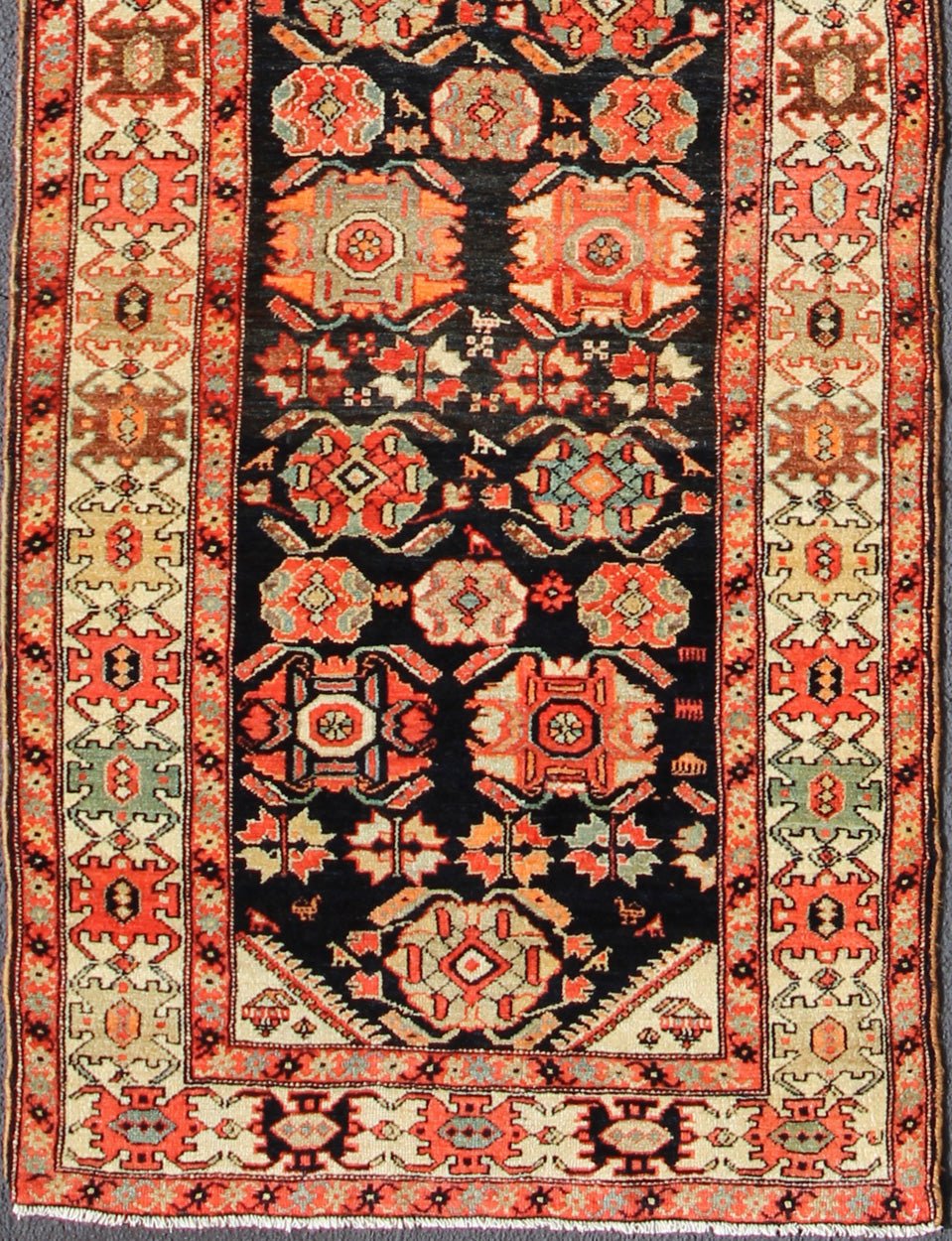 Keivan Woven Arts, Ema - 7571, Antique Persian Malayer Runner Orange and black antique Persian Malayer runner with Sub - geometric design, rug ema - 7571, country of origin / type: Iran / Malayer, circa 1910. This magnificent antique Persian Malay... - Keivan Woven ArtsEMA - 7571 - 9846Rug