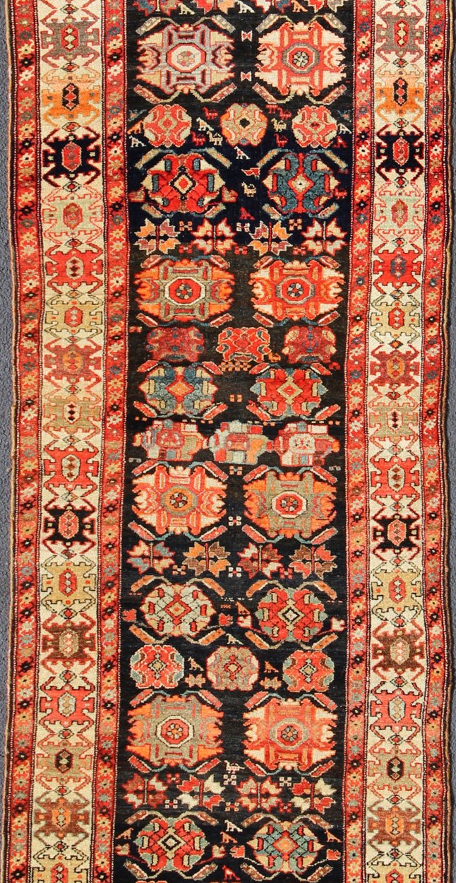Keivan Woven Arts, Ema - 7571, Antique Persian Malayer Runner Orange and black antique Persian Malayer runner with Sub - geometric design, rug ema - 7571, country of origin / type: Iran / Malayer, circa 1910. This magnificent antique Persian Malay... - Keivan Woven ArtsEMA - 7571 - 9846Rug