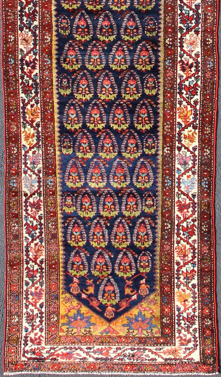 Multicolored antique Persian Malayer runner with sub - geometric tribal design, rug ema - 7572, country of origin / type: Iran / Malayer, circa 1900. This magnificent antique Persian Malayer runner (circa 1900) bears a beautiful, expansive, all - over... - Keivan Woven ArtsEMA - 7572 - 9850Rug