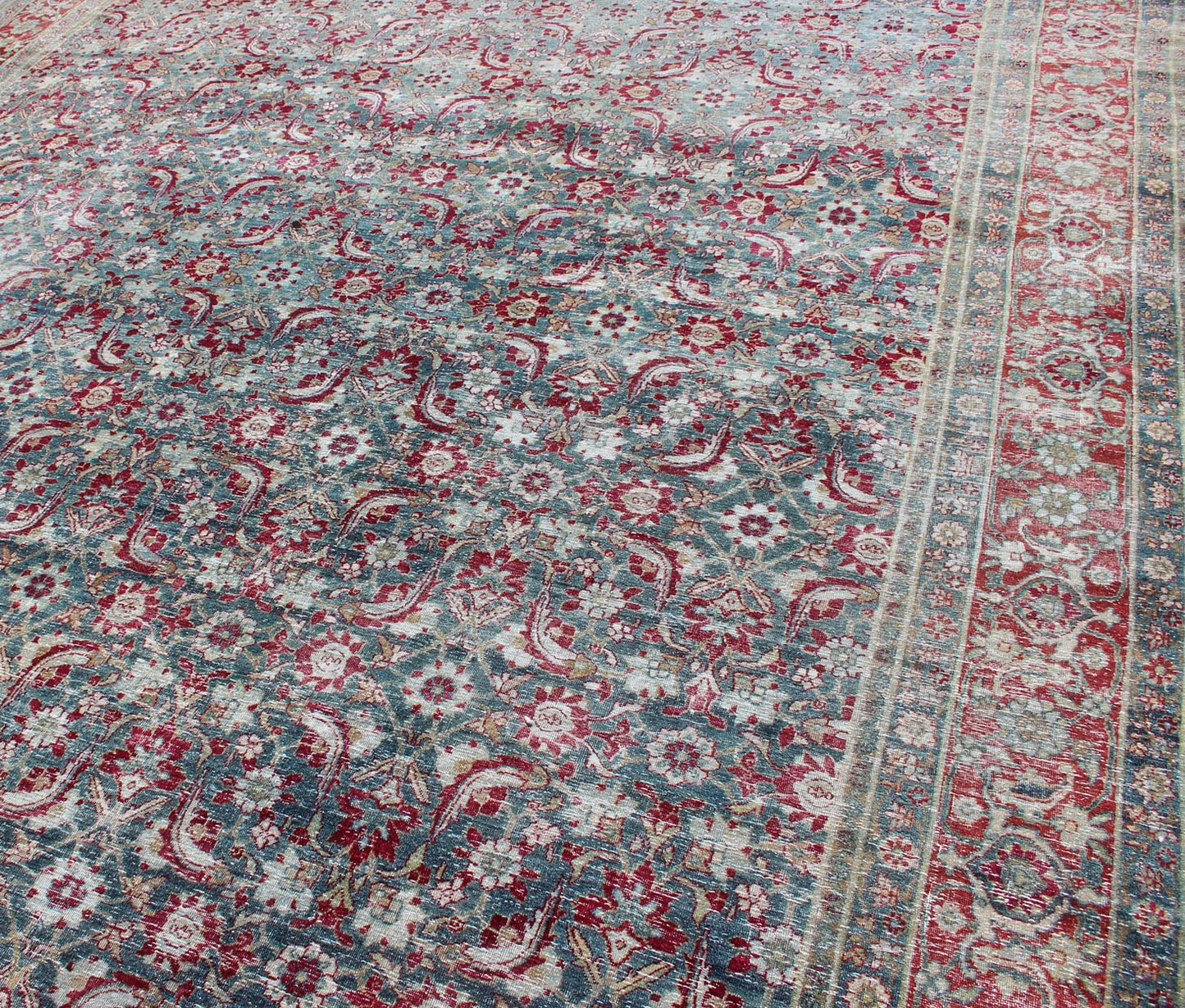 Antique Persian Yazd Rug with Floral - Geometric Design in Red and Blue Persian Antique Yazd Carpet in Blue and Red Tones with Diamond Geometric Floral Design, rug ema - 7575, country of origin / type: Iran / Tabriz, circa 1910 This antique ... - Keivan Woven ArtsEMA - 7575 - 9854Rug