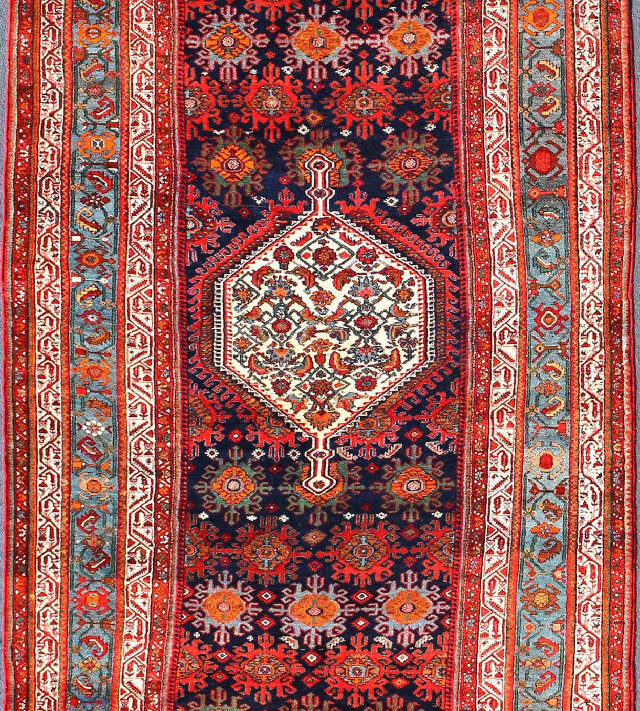 Multicolored antique Persian Malayer long and wide gallery runner with geometric medallion and motifs, rug ema - 7582, country of origin / type: Iran / Malayer, circa 1910. This lovely antique Persian Malayer runner originates from the northwest r... - Keivan Woven ArtsEMA - 7582 - 10014Rug