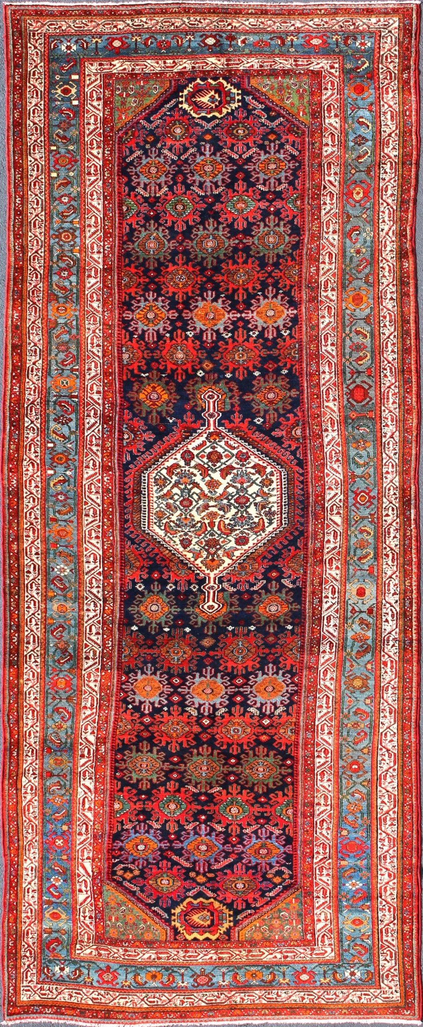 Multicolored antique Persian Malayer long and wide gallery runner with geometric medallion and motifs, rug ema - 7582, country of origin / type: Iran / Malayer, circa 1910. This lovely antique Persian Malayer runner originates from the northwest r... - Keivan Woven ArtsEMA - 7582 - 10014Rug