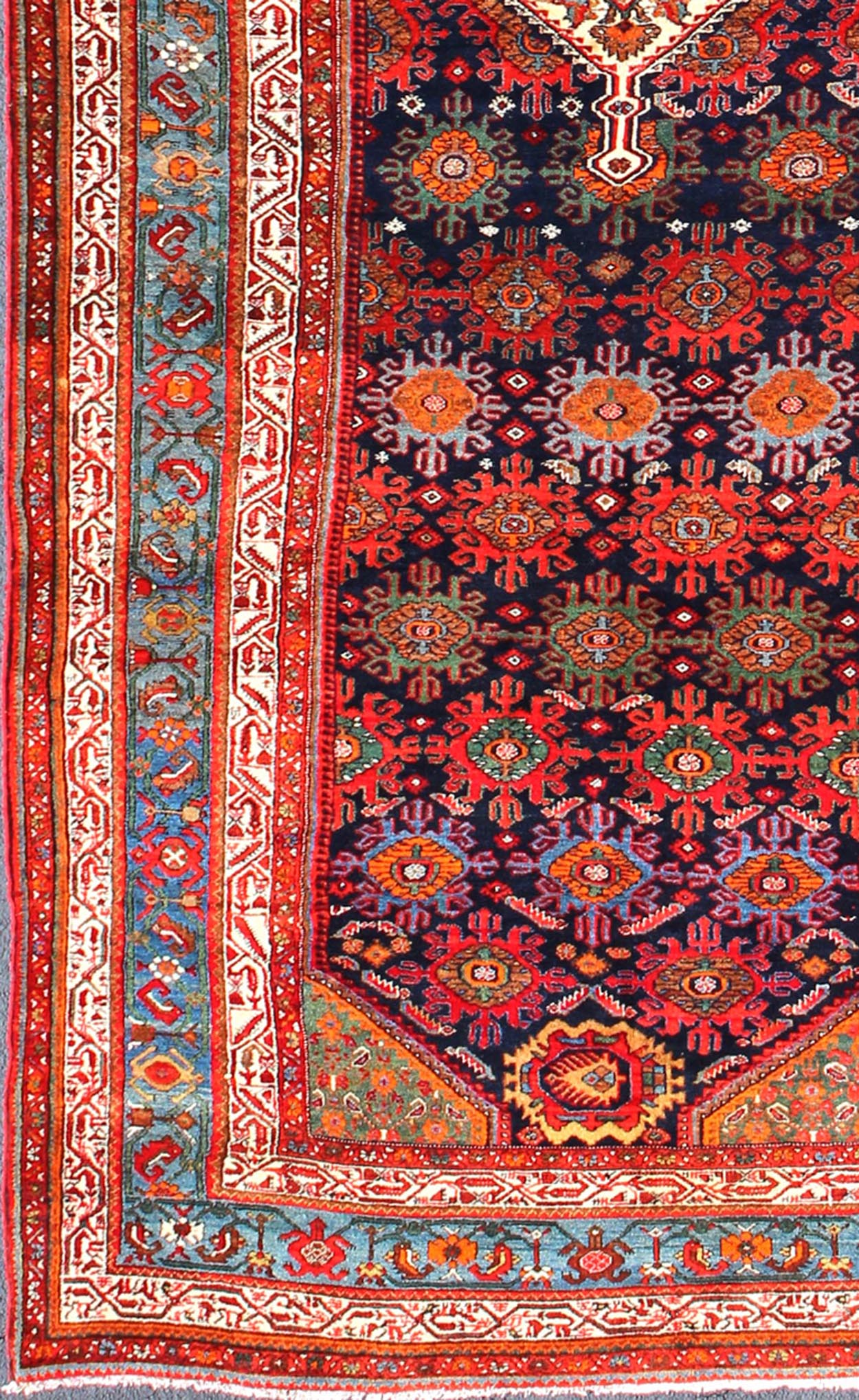 Multicolored antique Persian Malayer long and wide gallery runner with geometric medallion and motifs, rug ema - 7582, country of origin / type: Iran / Malayer, circa 1910. This lovely antique Persian Malayer runner originates from the northwest r... - Keivan Woven ArtsEMA - 7582 - 10014Rug