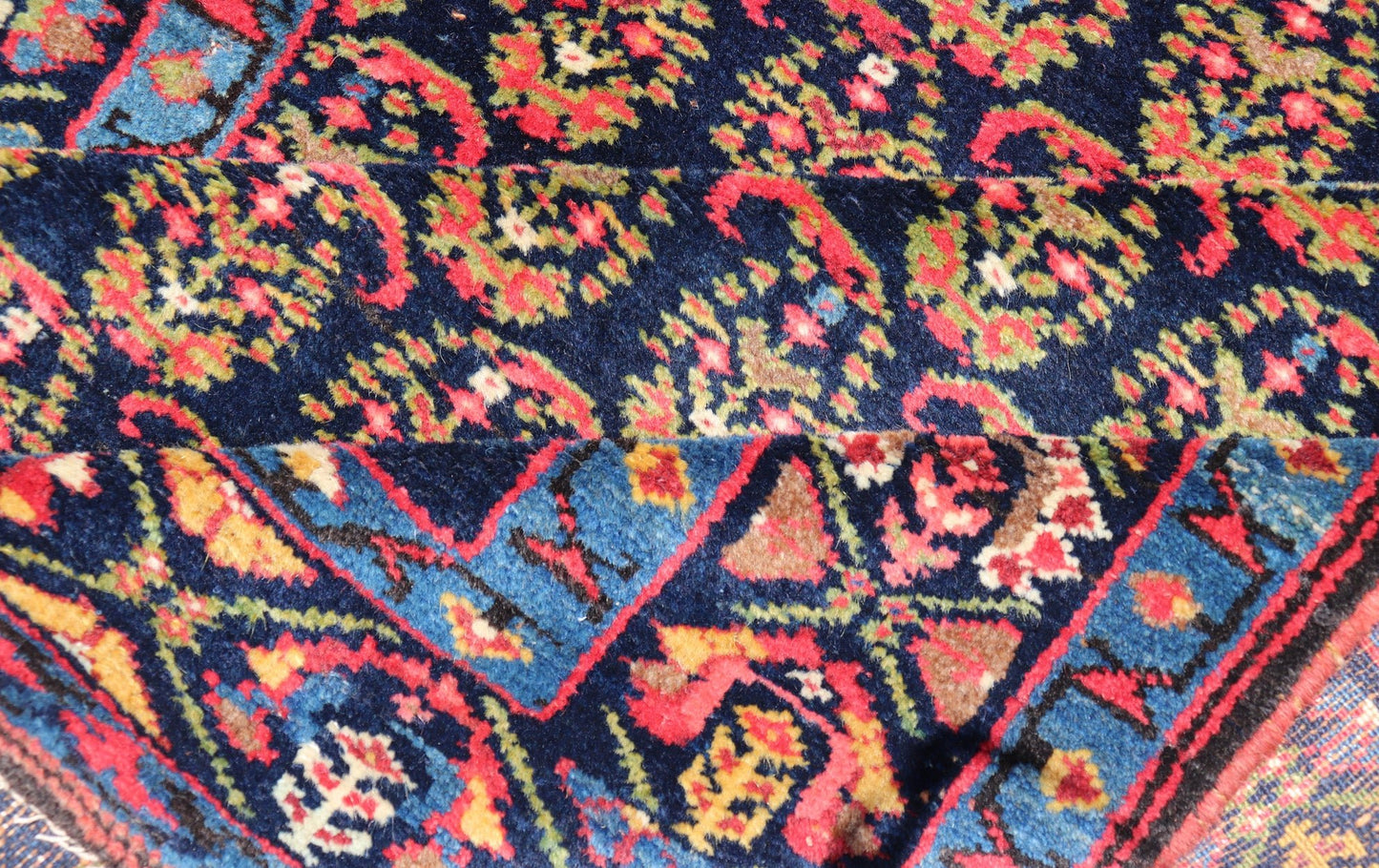 Antique Persian Malayer Paisley Design Runner in Red, Orange, and Blue Measures 3'7 x 18'7 This antique Persian Malayer features a denim blue guard for the small banded border, decorated with modest motifs in varying shades of blue, gree... - Keivan Woven ArtsEMA - 7585 - 10018Rug