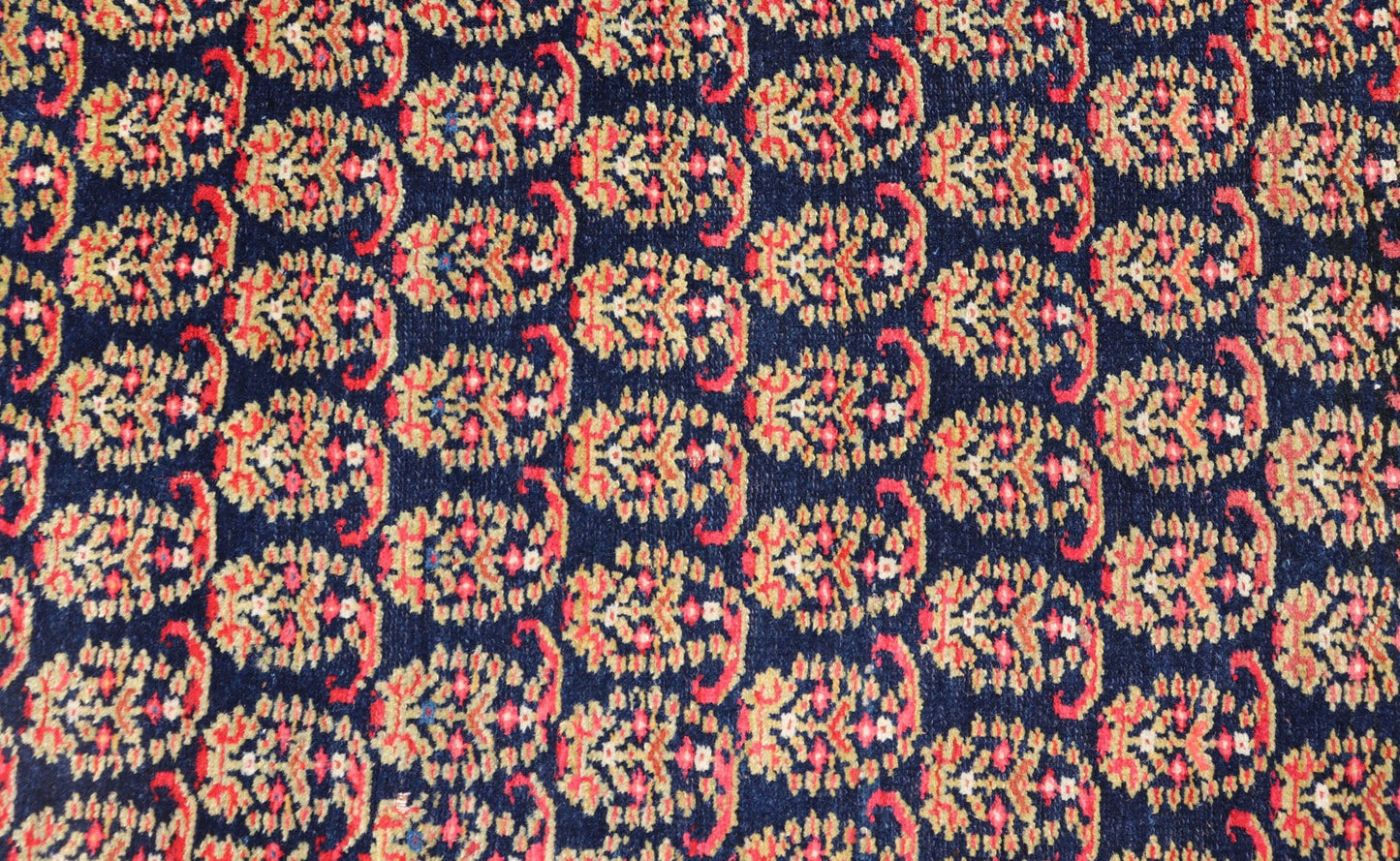 Antique Persian Malayer Paisley Design Runner in Red, Orange, and Blue Measures 3'7 x 18'7 This antique Persian Malayer features a denim blue guard for the small banded border, decorated with modest motifs in varying shades of blue, gree... - Keivan Woven ArtsEMA - 7585 - 10018Rug