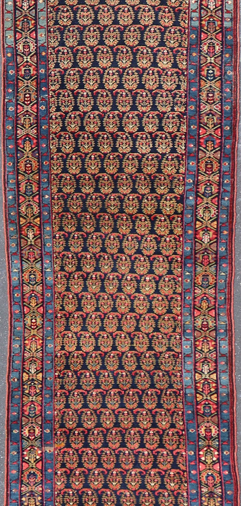Antique Persian Malayer Paisley Design Runner in Red, Orange, and Blue Measures 3'7 x 18'7 This antique Persian Malayer features a denim blue guard for the small banded border, decorated with modest motifs in varying shades of blue, gree... - Keivan Woven ArtsEMA - 7585 - 10018Rug