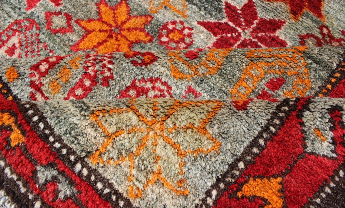 Colorful Vintage Persian Hamedan Rug with All - Over Motif Design Persian Hamedan Vintage Rug with Flower Geometric Design in Red, Orange, and Gray Tones, rug ema - 7586, country of origin / type: Iran / Hamedan, circa 1930. This magnificent... - Keivan Woven ArtsEMA - 7586 - 10024Rug