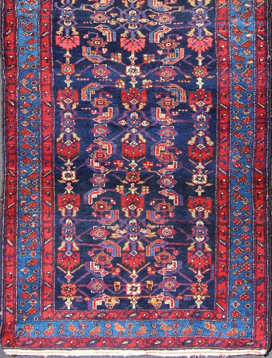 Geometric Design Hamedan Vintage Runner From Persia in Jewel Tones Vintage Hamedan Persian Runner with colorful all - over geometric design, Keivan Woven Arts / rug ema - 7588, country of origin / type: Iran / Hamedan, circa 1930 This Persi... - Keivan Woven ArtsEMA - 7588 - 10028Rug