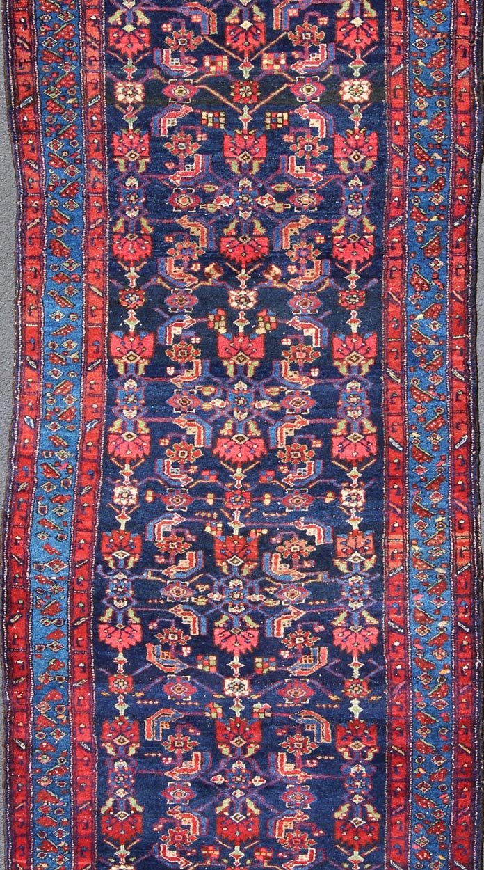 Geometric Design Hamedan Vintage Runner From Persia in Jewel Tones Vintage Hamedan Persian Runner with colorful all - over geometric design, Keivan Woven Arts / rug ema - 7588, country of origin / type: Iran / Hamedan, circa 1930 This Persi... - Keivan Woven ArtsEMA - 7588 - 10028Rug