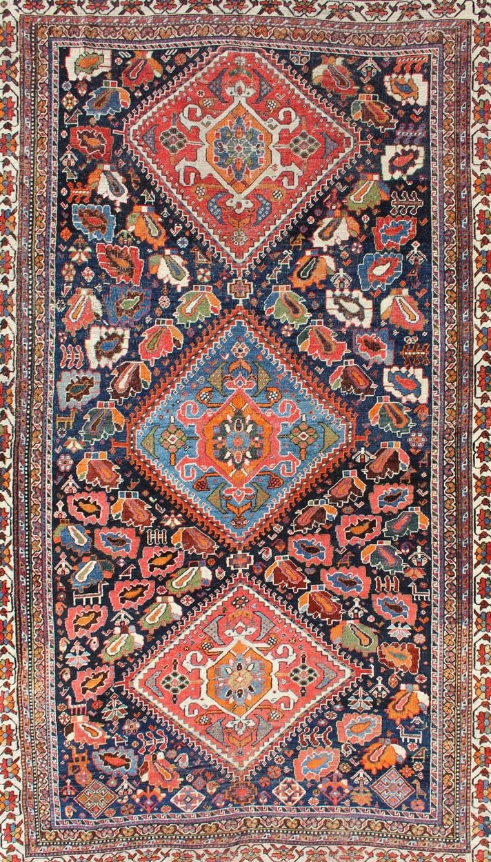 Qashqai rug antique from Persian with detailed and colorful Tri - Medallion design, Keivan Woven Arts / rug ema - 7589, country of origin / type: Iran / Qashqai, circa 1900. The Qashqai nomads are found in the Fars province in southwest Iran. They m... - Keivan Woven ArtsEMA - 7589 - 10032Rug