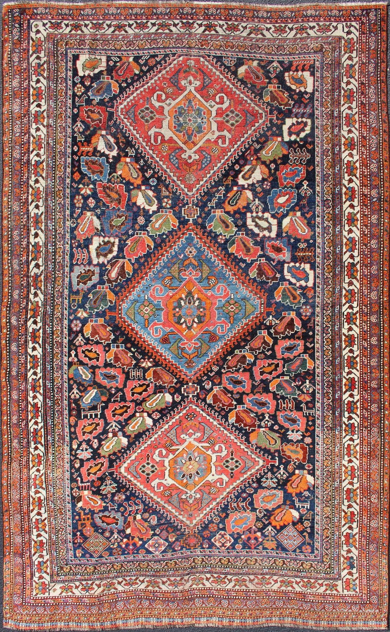 Qashqai rug antique from Persian with detailed and colorful Tri - Medallion design, Keivan Woven Arts / rug ema - 7589, country of origin / type: Iran / Qashqai, circa 1900. The Qashqai nomads are found in the Fars province in southwest Iran. They m... - Keivan Woven ArtsEMA - 7589 - 10032Rug