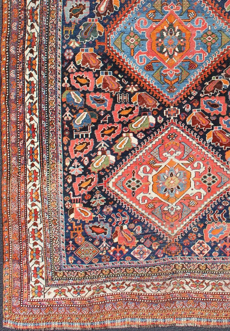 Qashqai rug antique from Persian with detailed and colorful Tri - Medallion design, Keivan Woven Arts / rug ema - 7589, country of origin / type: Iran / Qashqai, circa 1900. The Qashqai nomads are found in the Fars province in southwest Iran. They m... - Keivan Woven ArtsEMA - 7589 - 10032Rug