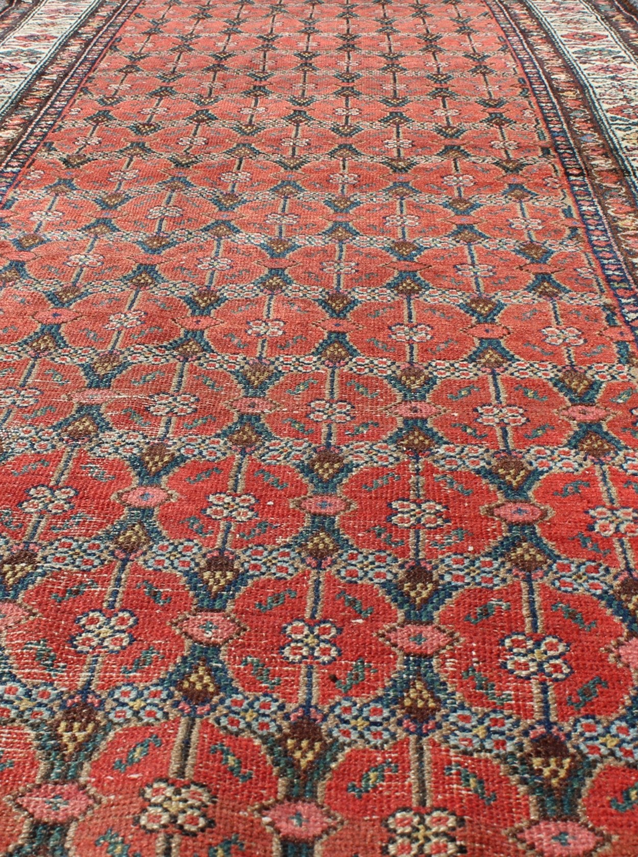 Sub - Geometric Floral All - Over Design Antique Hand Knotted Persian Malayer Runner in Red Sub - Geometric Floral all - over design antique Persian Malayer runner in softred, blue, ivory rug emac - 002, country of origin / type: Iran / Malayer, circa 192... - Keivan Woven ArtsEMAC - 002 - 8807Rug