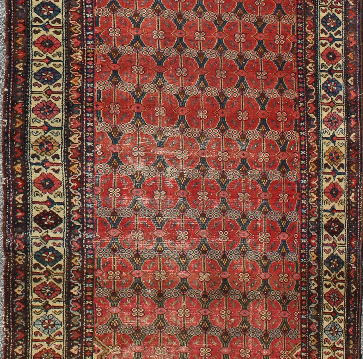 Sub - Geometric Floral All - Over Design Antique Hand Knotted Persian Malayer Runner in Red Sub - Geometric Floral all - over design antique Persian Malayer runner in softred, blue, ivory rug emac - 002, country of origin / type: Iran / Malayer, circa 192... - Keivan Woven ArtsEMAC - 002 - 8807Rug