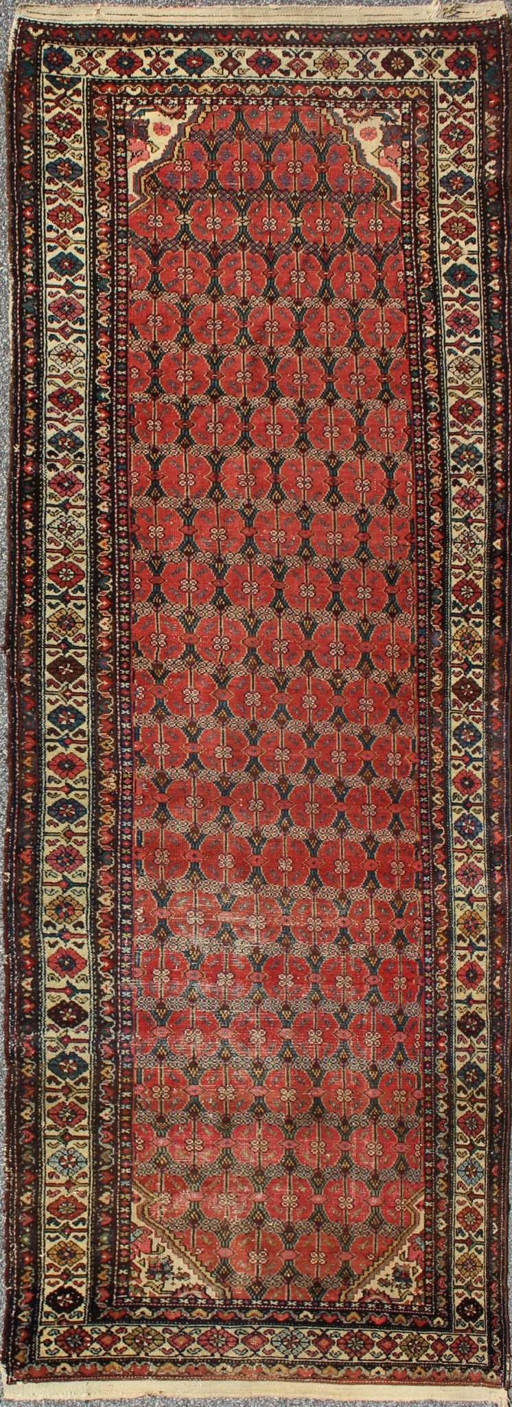 Sub - Geometric Floral All - Over Design Antique Hand Knotted Persian Malayer Runner in Red Sub - Geometric Floral all - over design antique Persian Malayer runner in softred, blue, ivory rug emac - 002, country of origin / type: Iran / Malayer, circa 192... - Keivan Woven ArtsEMAC - 002 - 8807Rug