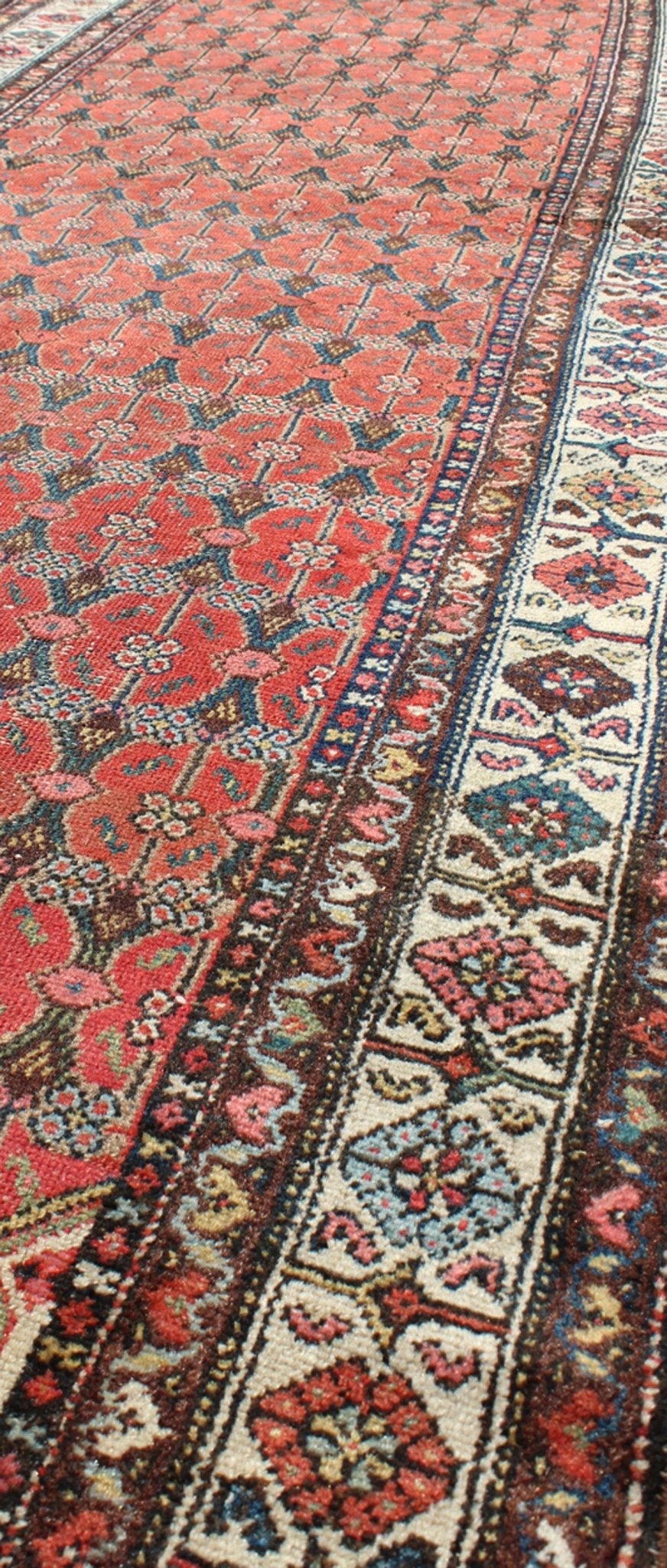 Sub - Geometric Floral All - Over Design Antique Hand Knotted Persian Malayer Runner in Red Sub - Geometric Floral all - over design antique Persian Malayer runner in softred, blue, ivory rug emac - 002, country of origin / type: Iran / Malayer, circa 192... - Keivan Woven ArtsEMAC - 002 - 8807Rug