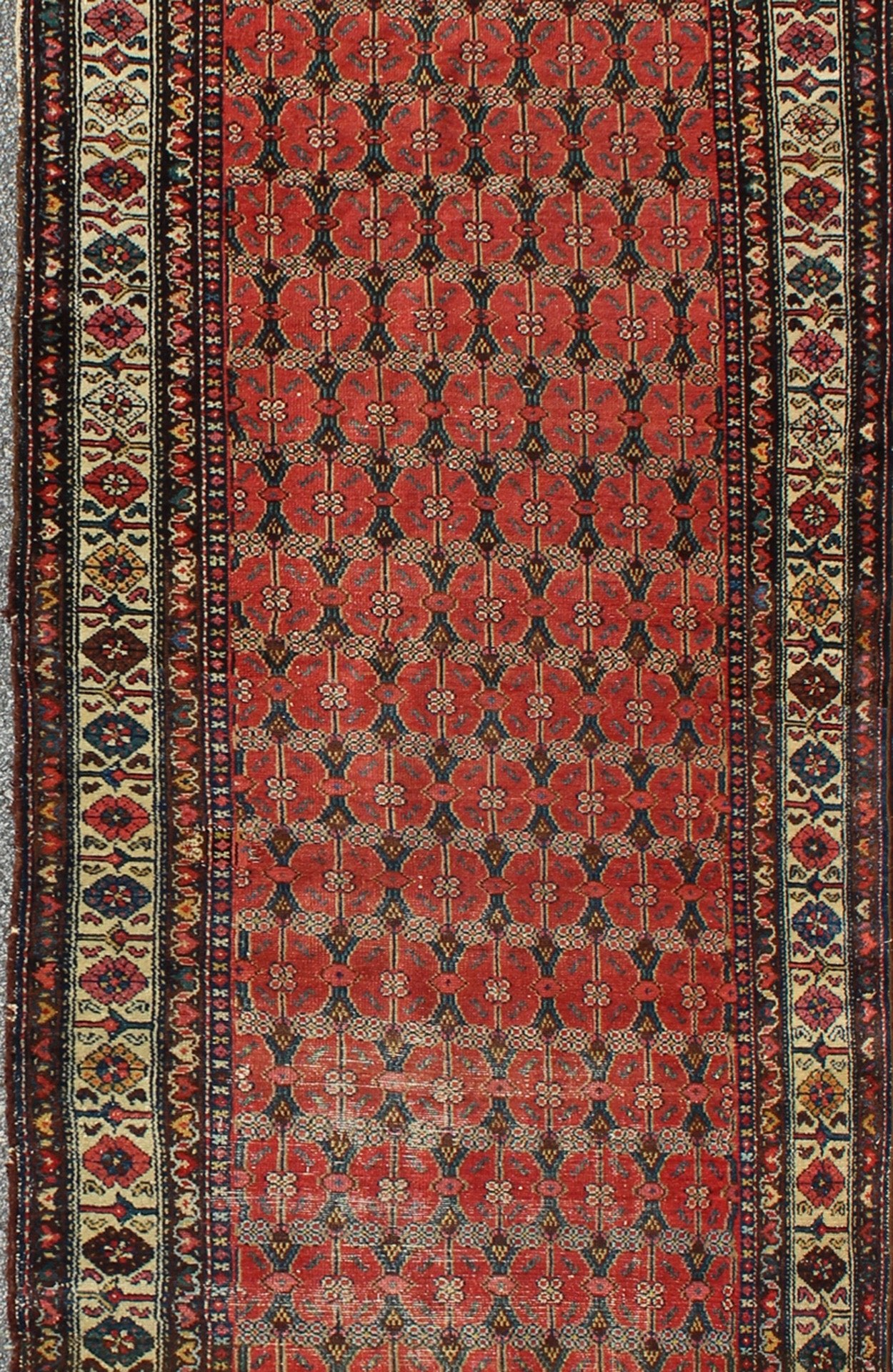 Sub - Geometric Floral All - Over Design Antique Hand Knotted Persian Malayer Runner in Red Sub - Geometric Floral all - over design antique Persian Malayer runner in softred, blue, ivory rug emac - 002, country of origin / type: Iran / Malayer, circa 192... - Keivan Woven ArtsEMAC - 002 - 8807Rug