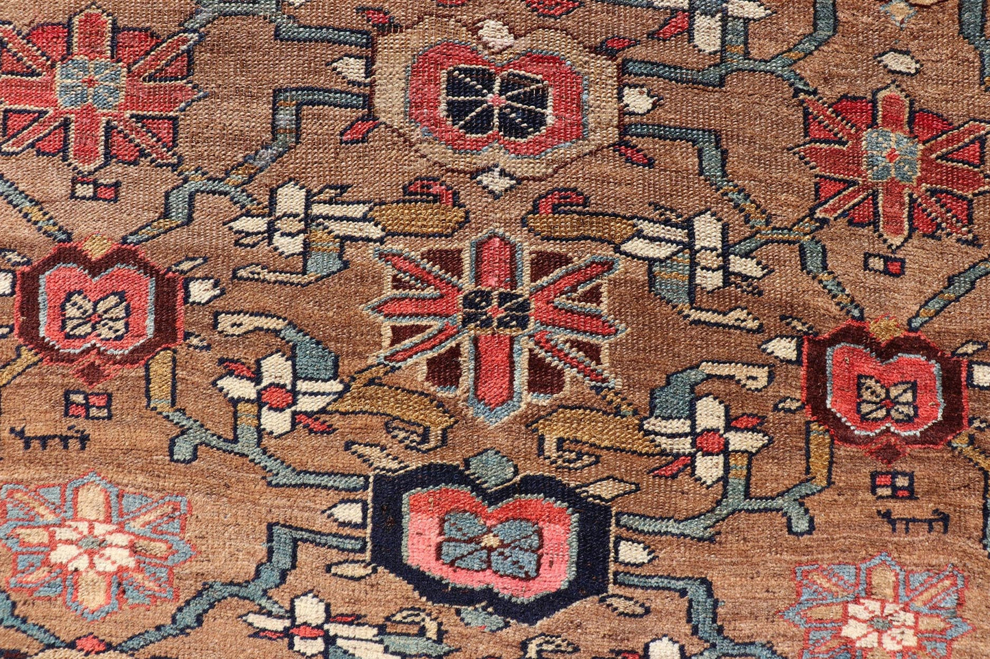 Square Antique Persian Bidjar Rug with Floral Motifs in Brown, Tan, & Green. Keivan Woven Arts / rug EMB - 22118 - 15010, country of origin / type: Iran / Bidjar, circa 1900 Measures: 4'6 x 4'11 This antique Persian Bidjar carpet features multi ... - Keivan Woven ArtsEMB - 22118 - 15010 - 20313Rug