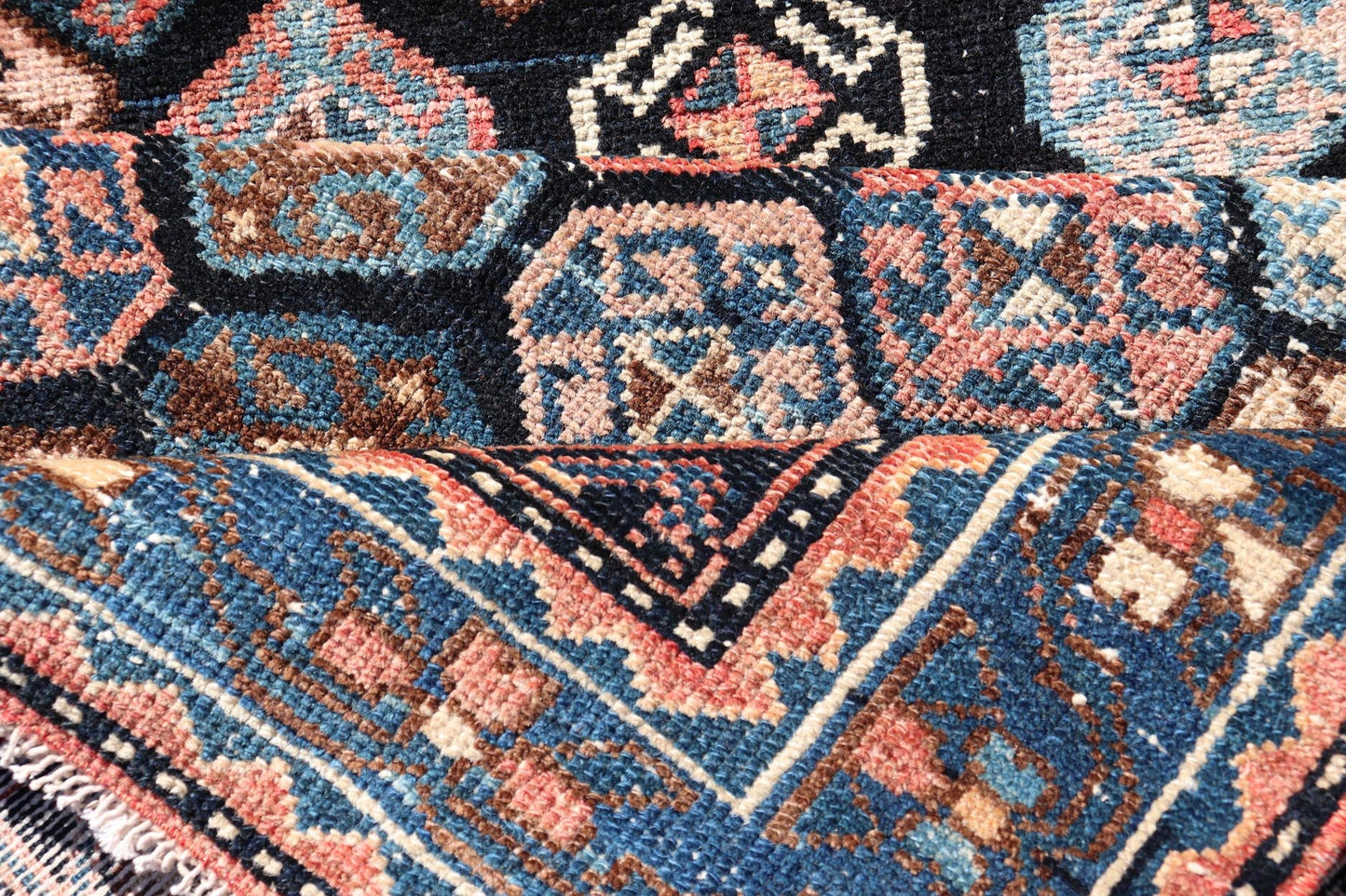 Measures: 3'5 x 18'8 Antique Hand Knotted Hamadan Runner with All - Over Tribal Design in Jewel Tones. Keivan Woven Arts / rug EMB - 22124 - 15016, country of origin / type: Iran / Hamadan, circa 1920. - Keivan Woven ArtsEMB - 22124 - 15016 - 20349Rug