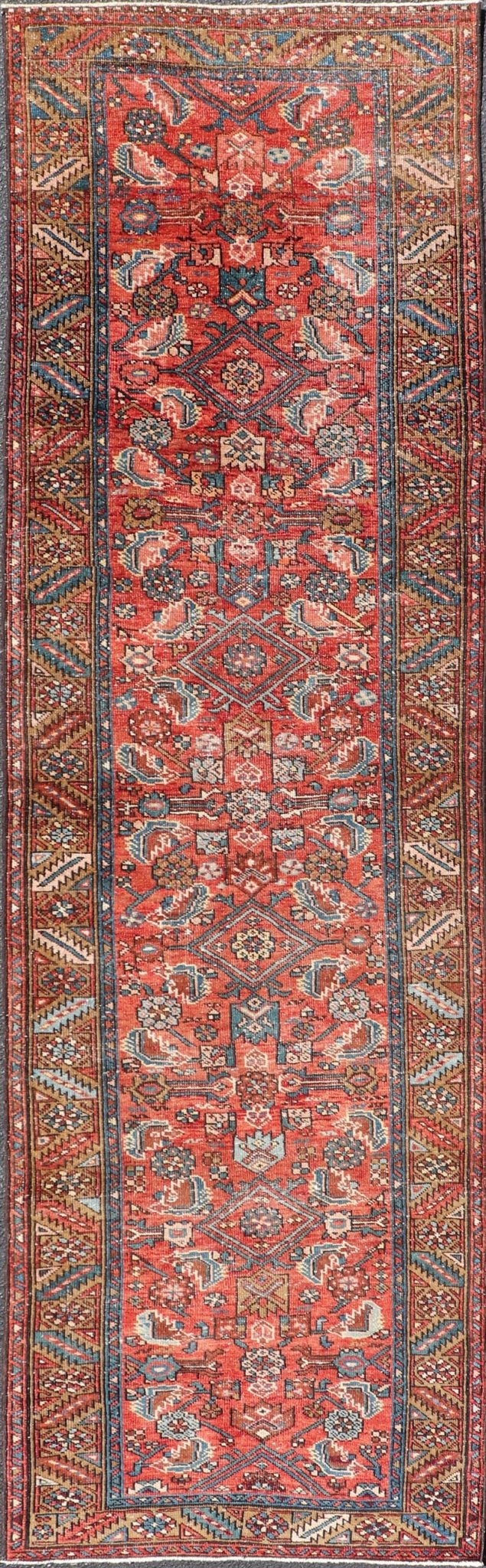 Antique Persian Heriz Runner with Colorful All - Over Stylized Floral Design. Keivan Woven Arts / rug EMB - 22130 - 15019, origin/iran Early 20th Century Heriz Runner. Measures: 2'11 x 10'9 This magnificent Heriz runner from the early 20th century be... - Keivan Woven ArtsEMB - 22130 - 15019 - 20367