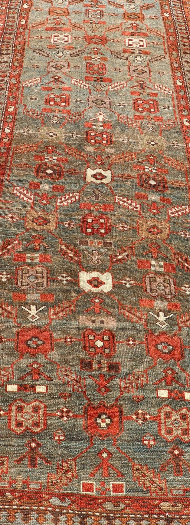 Measures: 3'6 x 13'1 This early 20th century antique Kurdish runner features a all - over tribal motifs with blue, gray, teal, and soft orange red. Kurdish Antique Runner in Vibrant Blue - Teal Background and Multi - Tiered Border. Keivan Woven Arts; rug... - Keivan Woven ArtsEMB - 22131 - 15018 - 20361Rug