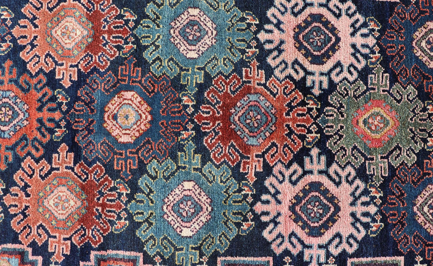 Measures: 3'3 x 16'8 Antique Persian Hamadan Runner with All - Over Geometric Motifs In Jewel Tones. Keivan Woven Arts / rug EMB - 22137 - 15025, country of origin / type: Iran / Hamedan, circa 1900 This antique Persian long runner (circa early 20th ... - Keivan Woven ArtsEMB - 22137 - 15025 - 20391Rug