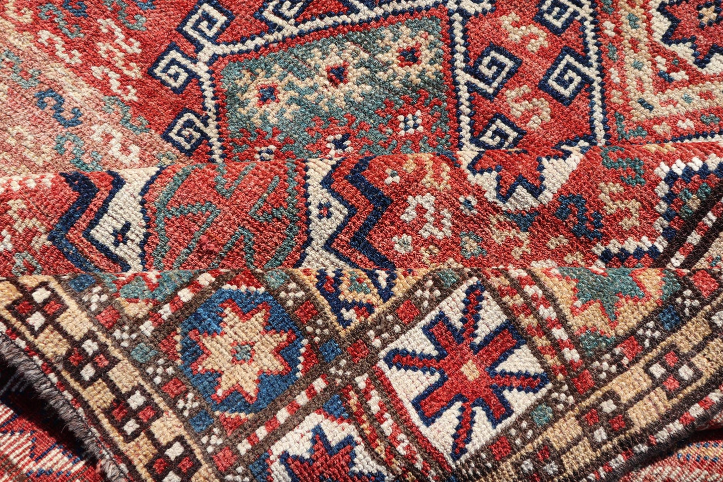 Antique Caucasian Kazak Rug with Geometric Design & Tribal Motifs Charming Antique Caucasian Kazak Rug with All - Over Geometric Motif Medallions. Keivan Woven Arts / rug /EMB - 22138 - 15048, country of origin / type: Caucasus / Kazak, circa 1890 ... - Keivan Woven ArtsEMB - 22138 - 15048 - 20523