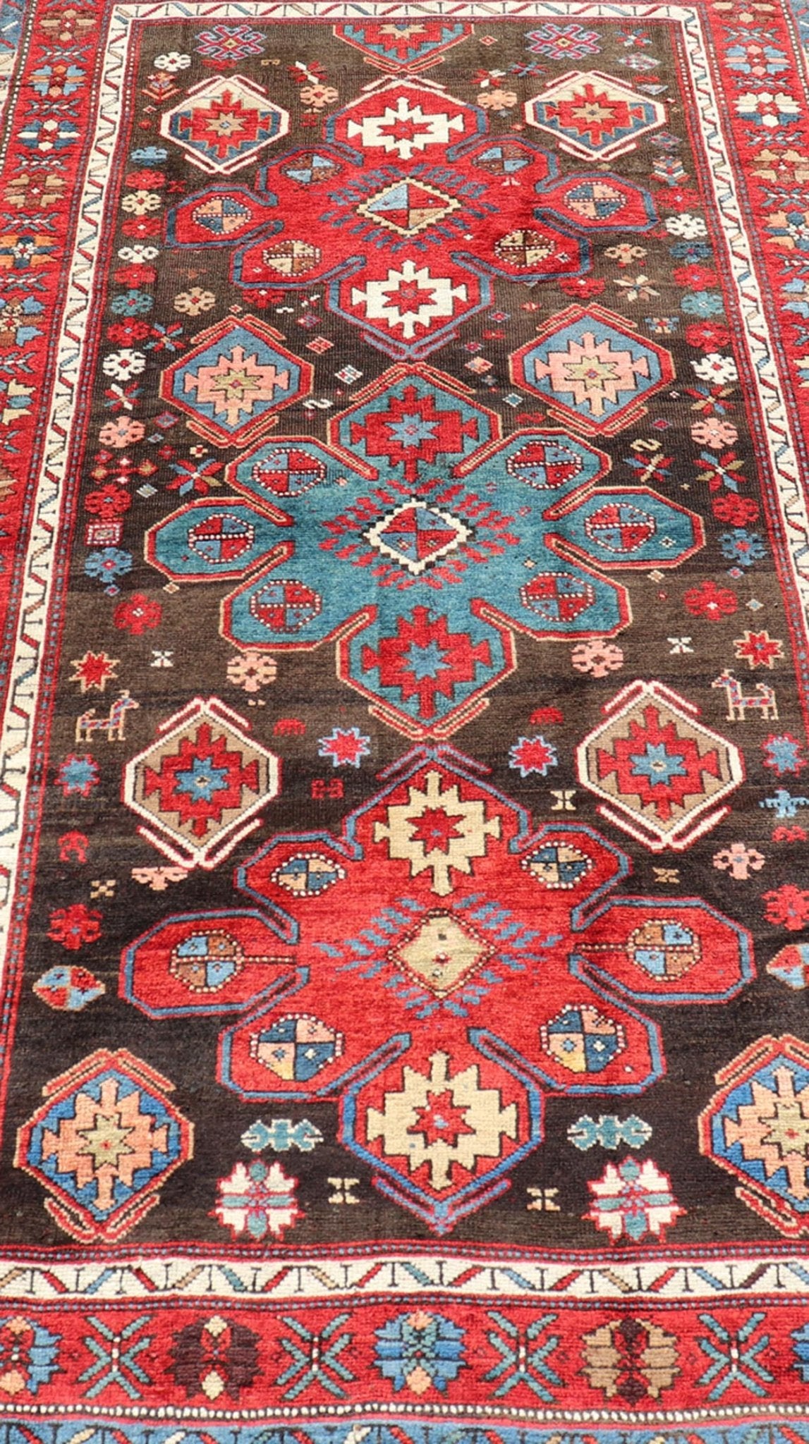 Measures: 4'0 x 7'5 Antique Tribal Caucasian Kazak Rug in Brown and Red with Geometric Design. Keivan Woven Arts rug EMB - 22141 - 15044, country of origin / type: Caucuses / Caucasian Kazak, circa 1890. Brilliant Kazak rugs are among the most d... - Keivan Woven ArtsEMB - 22141 - 15044 - 20499