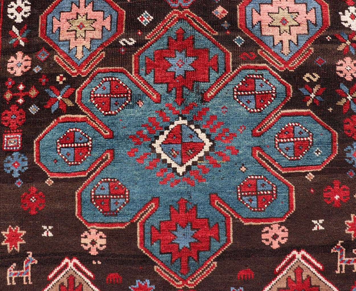 Measures: 4'0 x 7'5 Antique Tribal Caucasian Kazak Rug in Brown and Red with Geometric Design. Keivan Woven Arts rug EMB - 22141 - 15044, country of origin / type: Caucuses / Caucasian Kazak, circa 1890. Brilliant Kazak rugs are among the most d... - Keivan Woven ArtsEMB - 22141 - 15044 - 20499