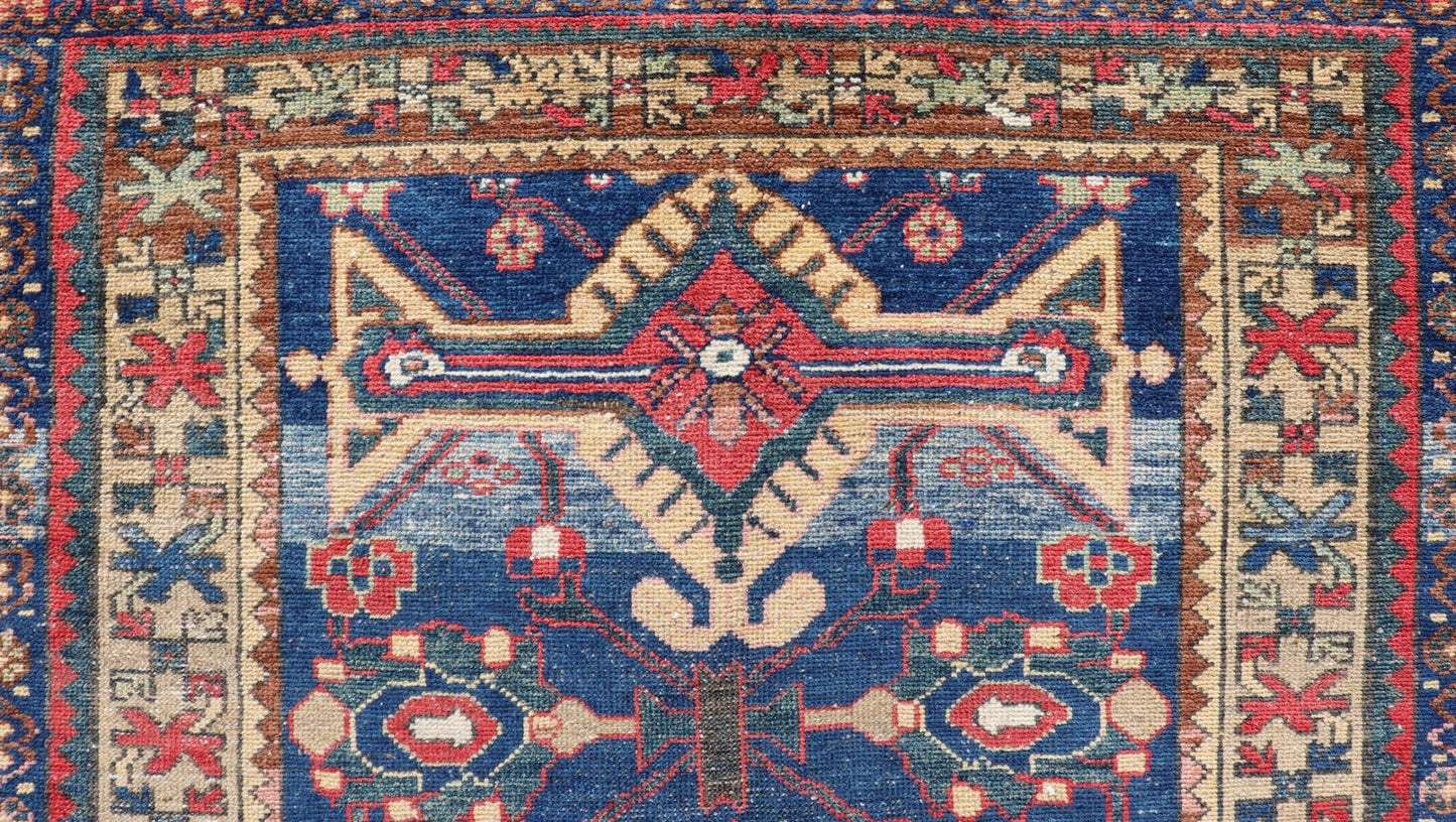 Antique Persian Hamadan Rug with Colorful Geometric Medallion on A Blue Field Measures: 3'4 x 6'1 Antique Persian Hamadan Rug with Colorful Geometric Medallion on A Blue Field. Keivan Woven Arts / rug EMB - 22155 - 15082, country of origin / ty... - Keivan Woven ArtsEMB - 22155 - 15082 - 17442