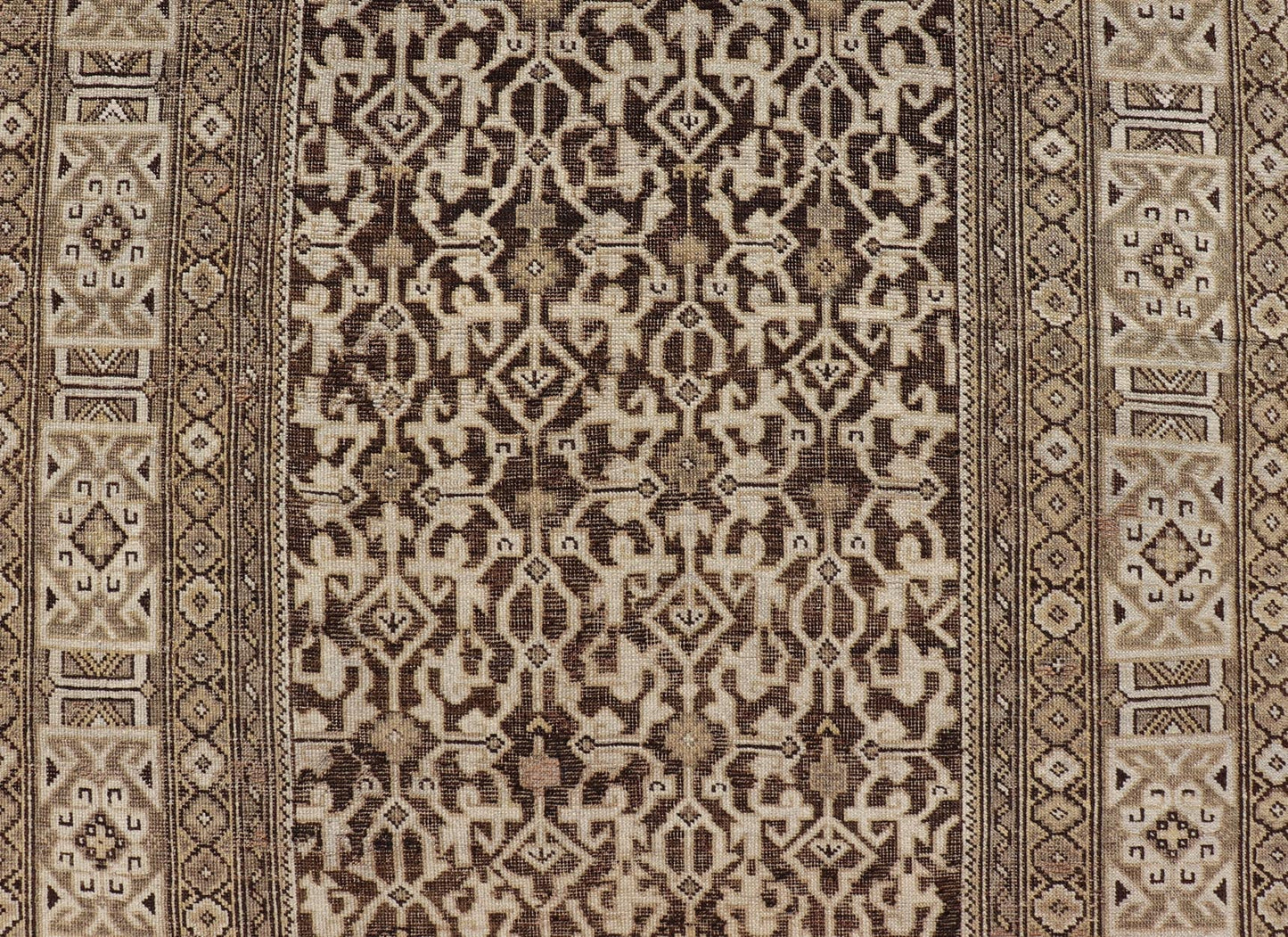 Antique Wool Hand Knotted Caucasian Kazak Rug in Dark Brown Background. Keivan Woven Arts / rug/EMB - 22184 - 15065 Late 19th Century, Kazak rug. Measures: 3'9 x 5'8 This late 19th century antique Caucasian Kazak rug displays a superb Caucasian arab... - Keivan Woven ArtsEMB - 22184 - 15065 - 20613