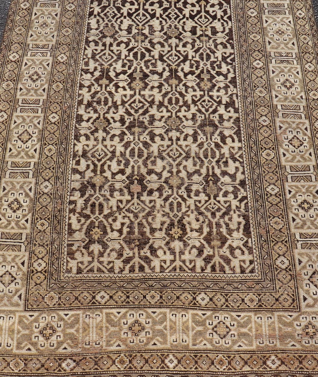 Antique Wool Hand Knotted Caucasian Kazak Rug in Dark Brown Background. Keivan Woven Arts / rug/EMB - 22184 - 15065 Late 19th Century, Kazak rug. Measures: 3'9 x 5'8 This late 19th century antique Caucasian Kazak rug displays a superb Caucasian arab... - Keivan Woven ArtsEMB - 22184 - 15065 - 20613