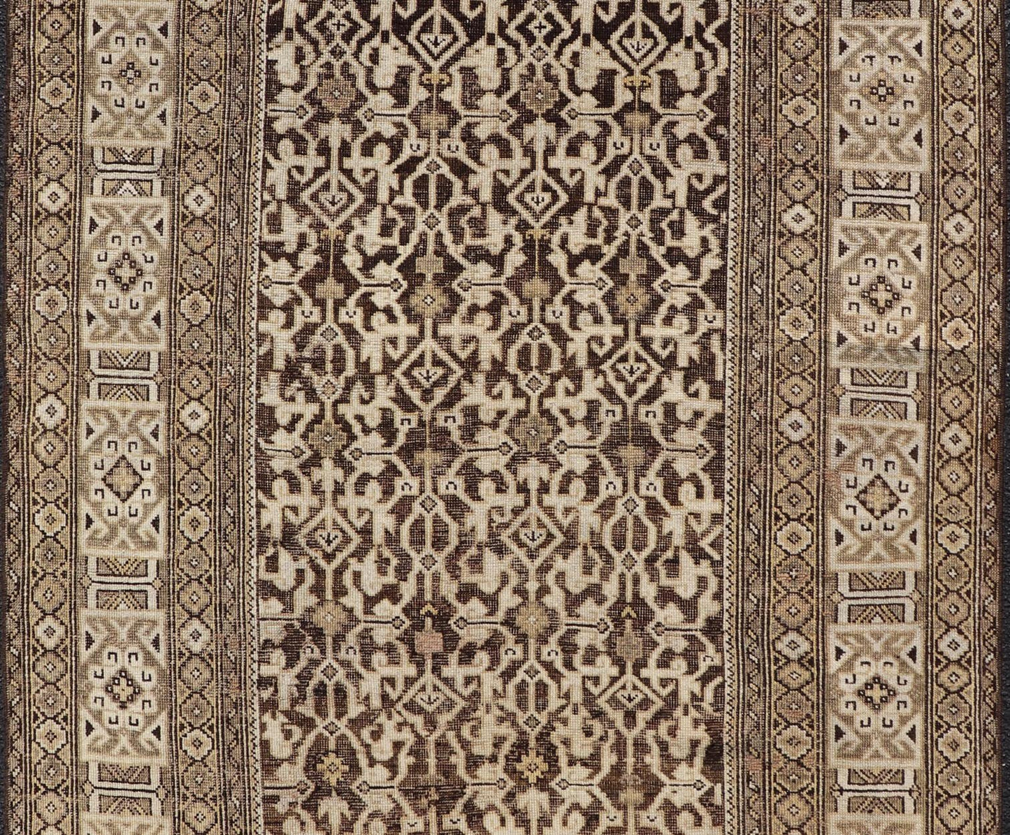 Antique Wool Hand Knotted Caucasian Kazak Rug in Dark Brown Background. Keivan Woven Arts / rug/EMB - 22184 - 15065 Late 19th Century, Kazak rug. Measures: 3'9 x 5'8 This late 19th century antique Caucasian Kazak rug displays a superb Caucasian arab... - Keivan Woven ArtsEMB - 22184 - 15065 - 20613