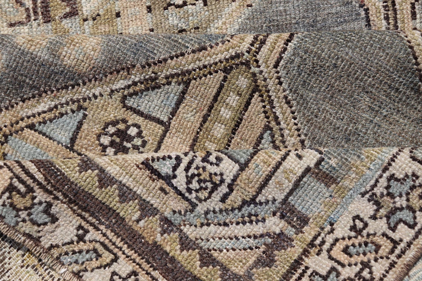 Antique Persian Kurdish Runner with Medallion in Charcoal, Blue, And Acid Green. rug EMB - 22202 - 15465, country of origin / type: Kurdish, circa 1900. Persian Kurdish runner in charcoal and gray background. Measures: 2'5 x 9'3 This antique Persian... - Keivan Woven ArtsEMB - 22202 - 15465 - 21113