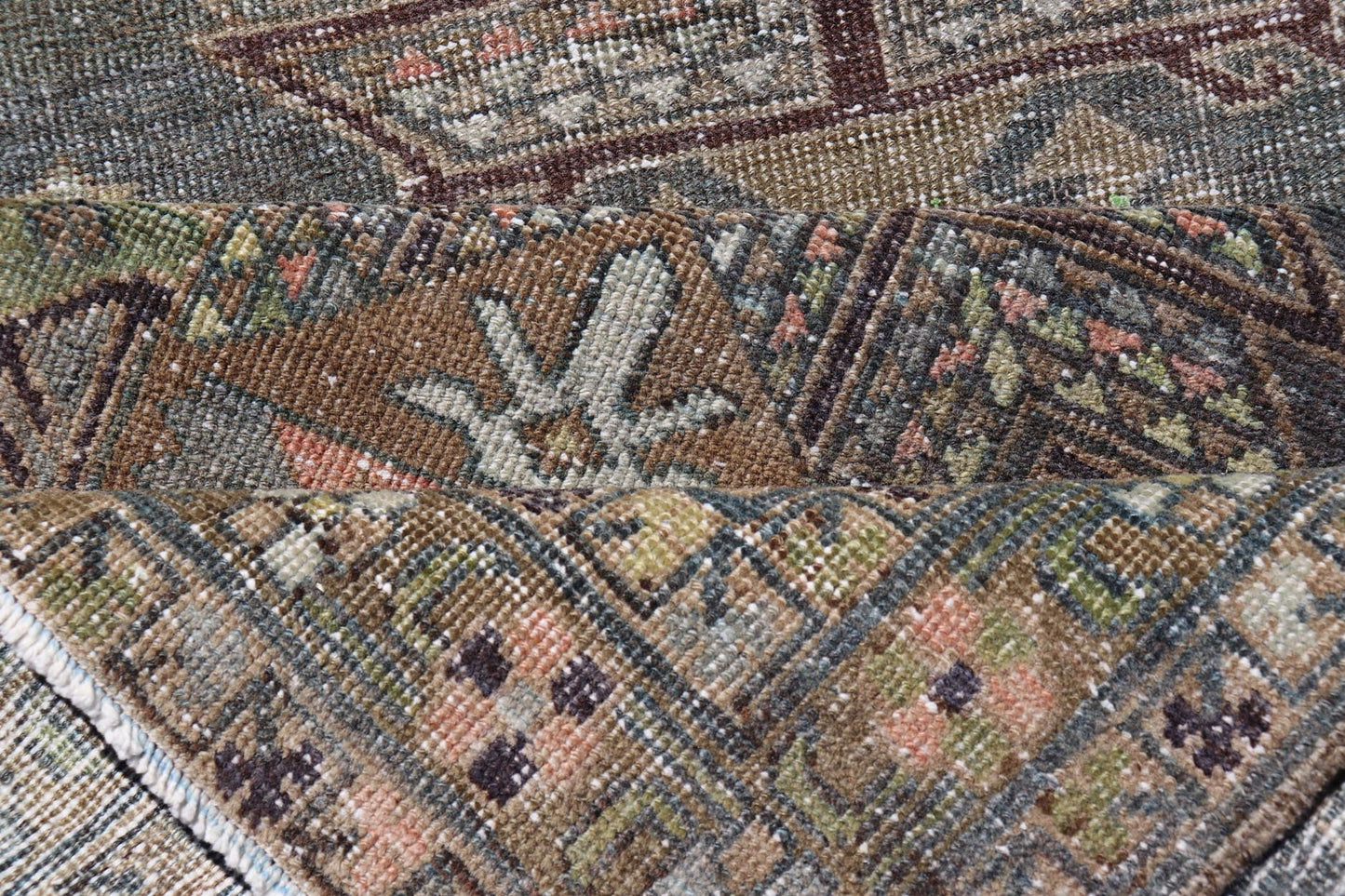 Heriz Antique Persian Rug with Geometric Medallions in Steal Blue, Brown & Peach. Keivan Woven Arts / rug EMB - 22204 - 15460, country of origin / type: Iran / Heriz Serapi, circa 1900 Measures: 3'1 x 13'10 This magnificent Heriz runner woven in the... - Keivan Woven ArtsEMB - 22204 - 15460 - 21125