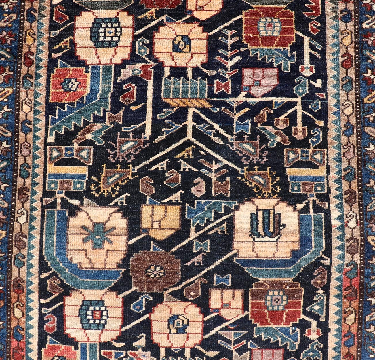 Antique Hamadan Runner in Blue Background Multi Colors With Tribal Motifs. Keivan Woven Arts / rug EMB - 22228 - 15461, country of origin / type: Iran / Hamadan, circa 1920Measures: 3'3 x 9'3 - Keivan Woven ArtsEMB - 22228 - 15461 - 21579Rug