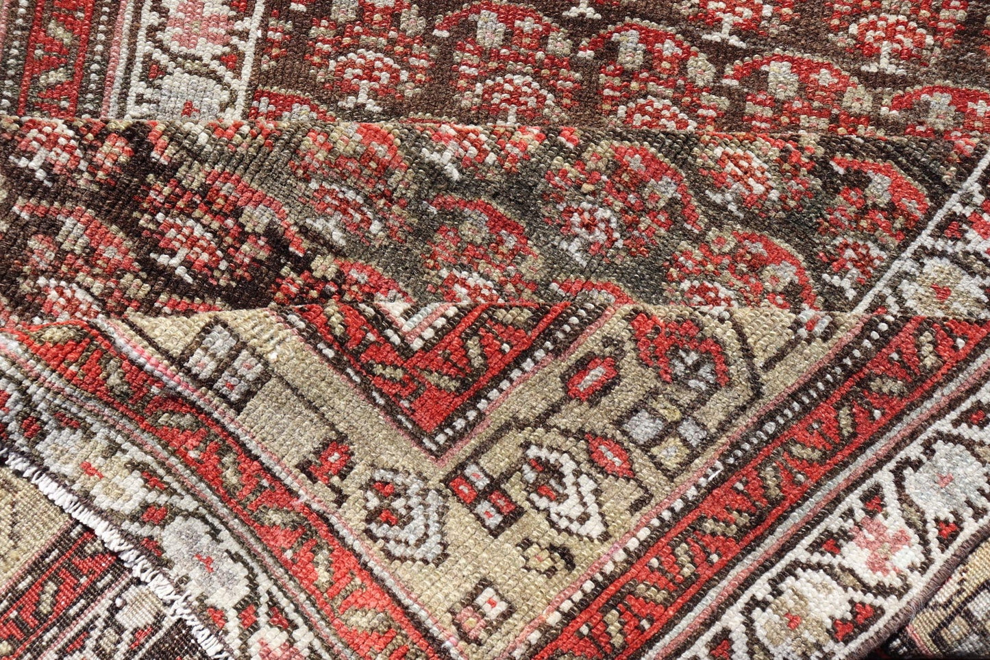 Antique Kurdish Gallery Runner with All - Over Paisley Design in Brown, Red, Green. Keivan Woven Arts / rug EMB - 22230 - 15466, country of origin / type: Iran / Kurdish, circa 1920. Measures: 4'3 x 10'1 This Kurdish gallery runner from early 20th cen... - Keivan Woven ArtsEMB - 22230 - 15466 - 21591