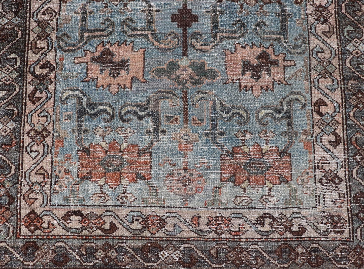 Measures: 2'11 x 4'11 The rug's central field is characterized by a soft blue background with intricate geometric and floral motifs in shades of beige, brown, and cream. The symmetrical patterns include stylized flowers and abstract shapes, creatin... - Keivan Woven ArtsEMB - 22238 - 22472