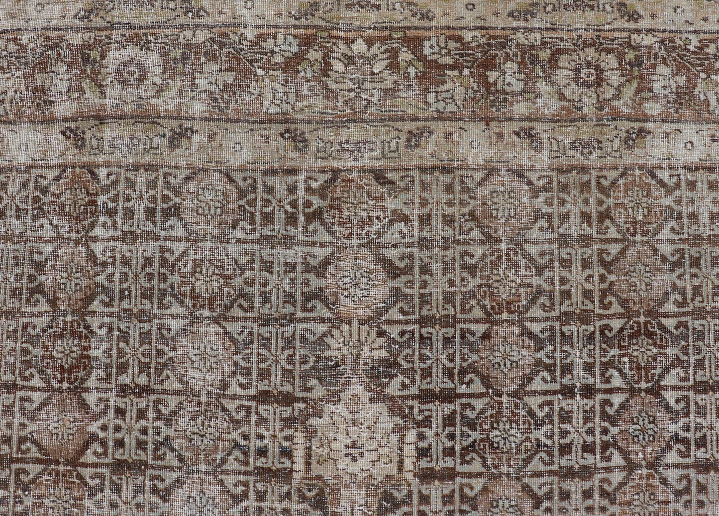 Antique Hand - Knotted Distressed Persian Mahal Rug in Wool with Medallion Design This antique distressed Persian Mahal rug has been hand - knotted in wool and features a large medallion design rendered in muted tones, a complementary, multi - tiered... - Keivan Woven ArtsEMB - 5000 - P13060 - 16406Rug