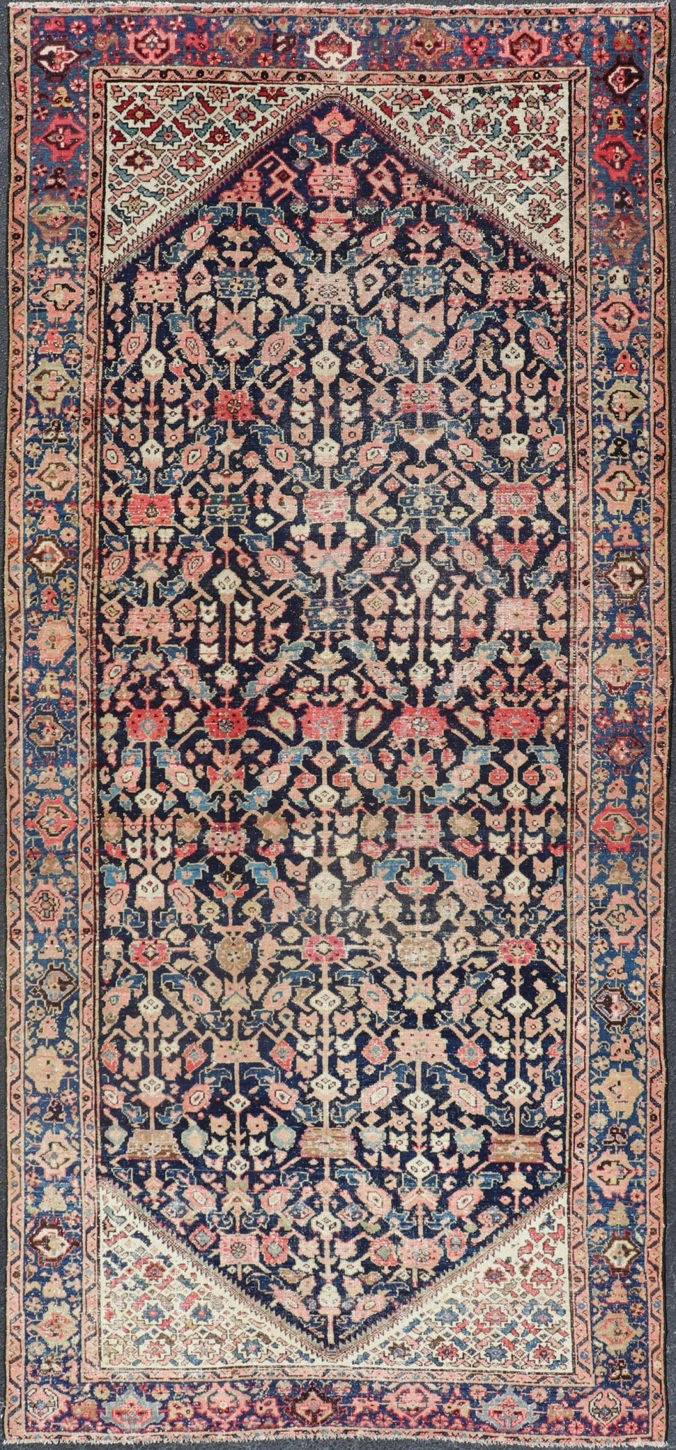 Antique Persian Malayer Gallery Rug with Geometric All - Over Herati Design. Distressed rug, antique distressed rug Multicolored distressed antique Persian Malayer gallery rug with geometric Herati motifs, rug EMB - 8513 - 178293, country of origin /... - Keivan Woven ArtsEMB - 8513 - 178293 - 13652
