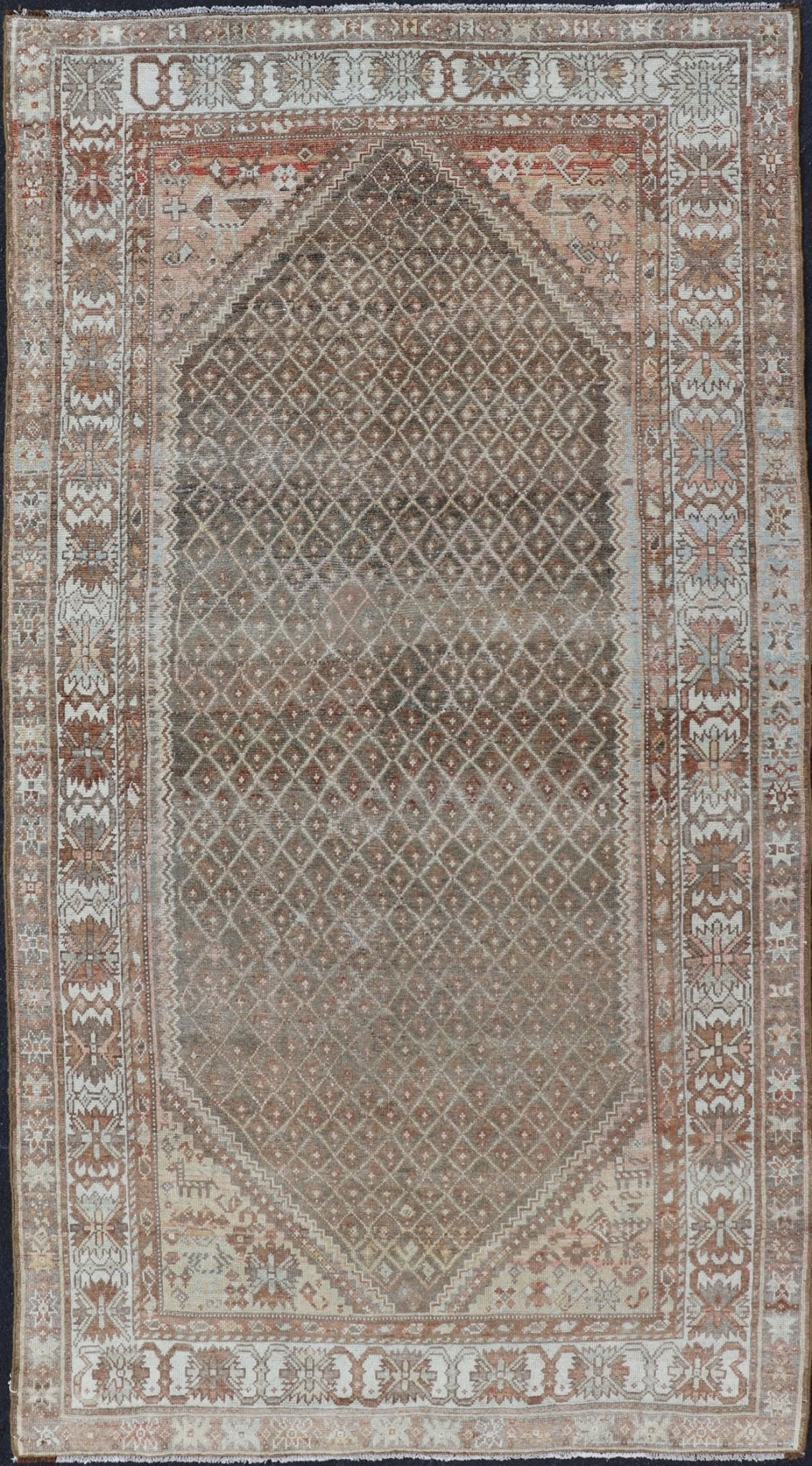 distressed Antique Persian Kurdish Rug in Gray/Brown Background with Taupe Tan & Soft Red. Softly colored antique distressed Persian Kurdish with all - over tribal design in soft colors of gray, charcoal, brown, tan cream, green , rug EMB - 8529 - 17... - Keivan Woven ArtsEMB - 8529 - 178682 - 13696