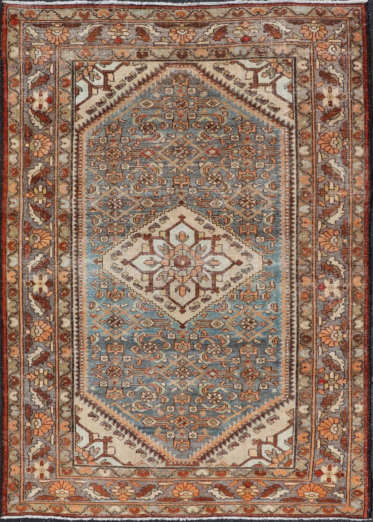 Antique Persian Hamadan Rug with Central Medallion & Sub - Geometric Floral Design This antique Persian Hamadan rug features a layered medallion with sub - geometric flowers design, and is enclosed within a complementary, multi - tiered border. Rend... - Keivan Woven ArtsEMB - 8532 - 178678 - 13708