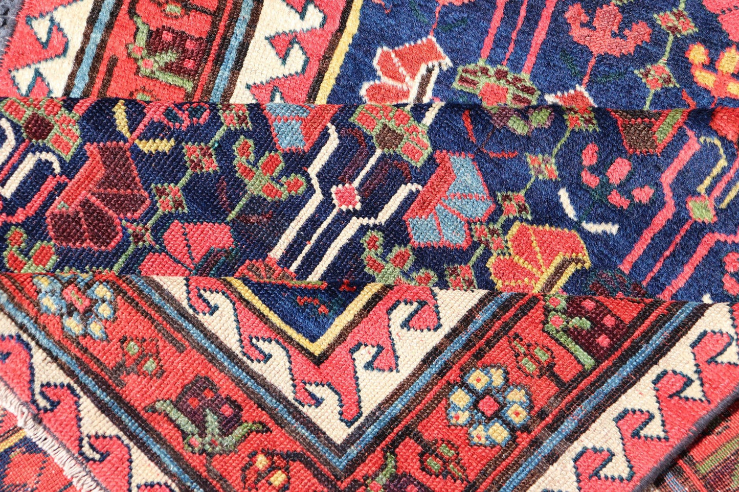 This antique runner was woven in the mountainous region of Caucasus, given much time for details in the field of a perfectly symmetrical all - over design. The field many colors of green, yellow, light blue, ivory and brown. The midnight blue background ... - Keivan Woven ArtsEMB - 8537 - 13778Rug
