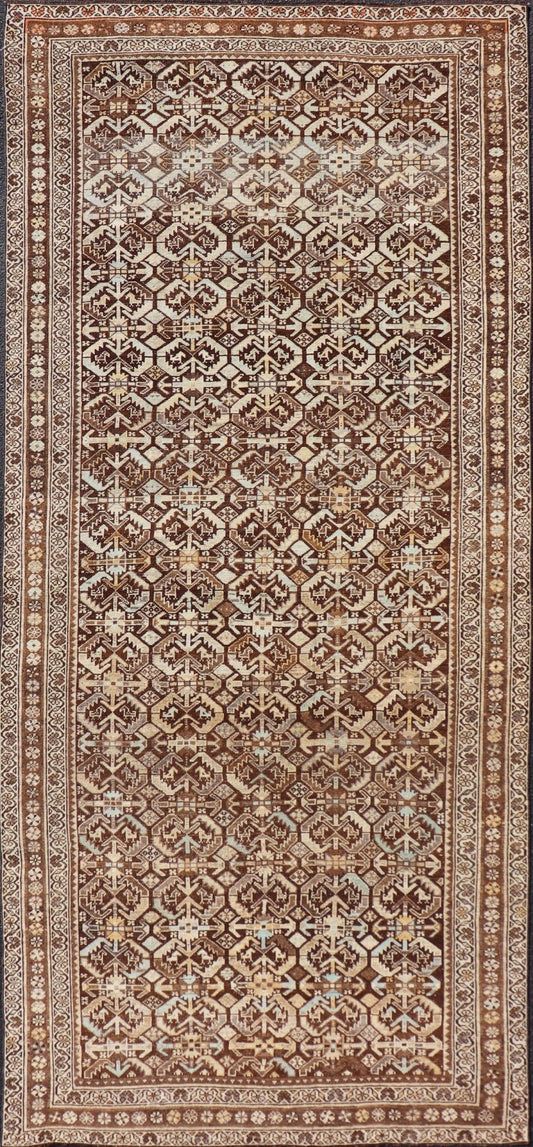 Kurdish Antique Gallery Runner with All - Over Tribal Design in Browns and Blue Antique Kurdish Gallery runner with all - over tribal geometric motifs. Keivan Woven Arts / rug EMB - 9501 - P13063, country of origin / type: Iran / Kurdish, circa 1920.... - Keivan Woven ArtsEMB - 9501 - P13063 - 14542Rug