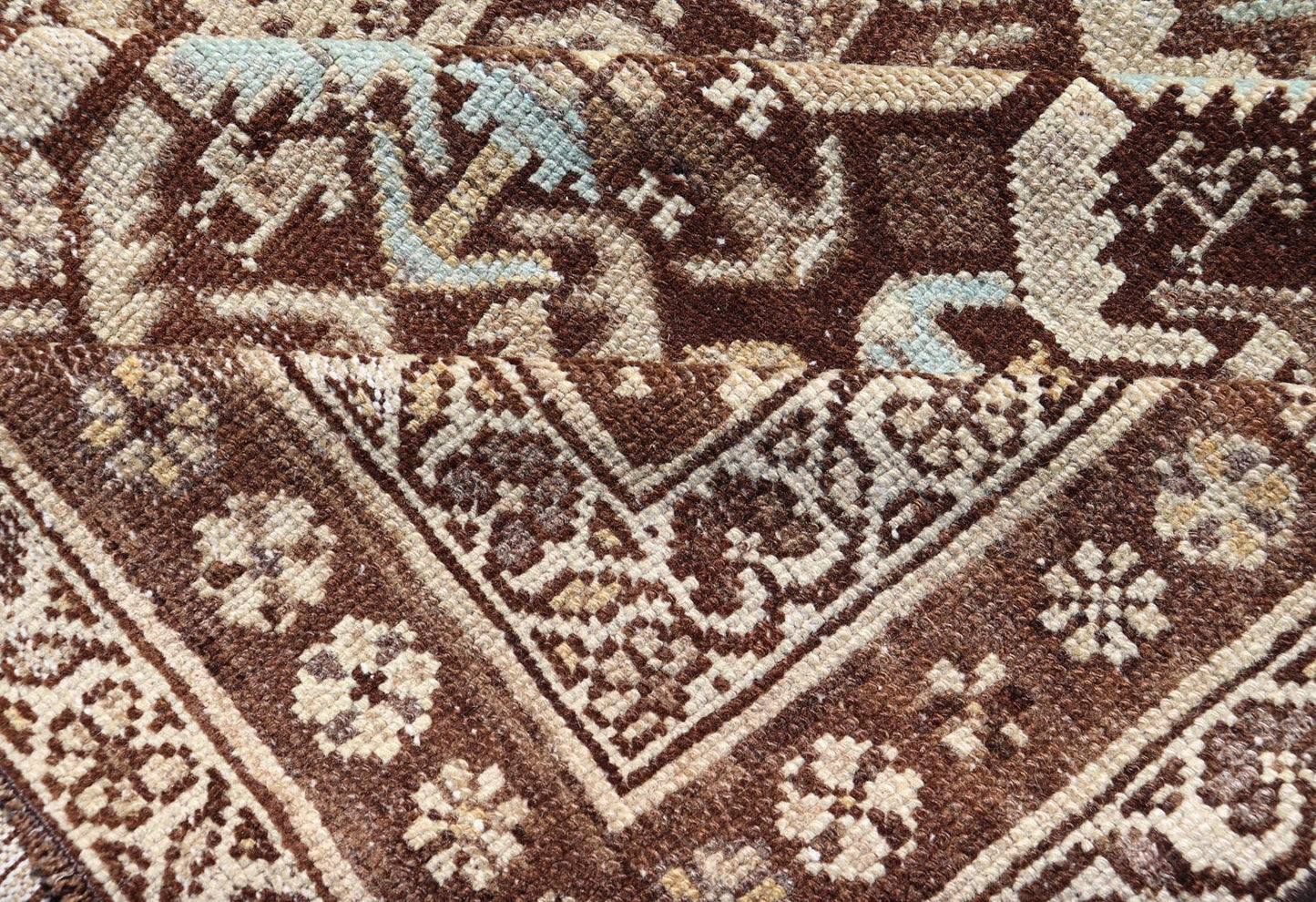 Kurdish Antique Gallery Runner with All - Over Tribal Design in Browns and Blue Antique Kurdish Gallery runner with all - over tribal geometric motifs. Keivan Woven Arts / rug EMB - 9501 - P13063, country of origin / type: Iran / Kurdish, circa 1920.... - Keivan Woven ArtsEMB - 9501 - P13063 - 14542Rug